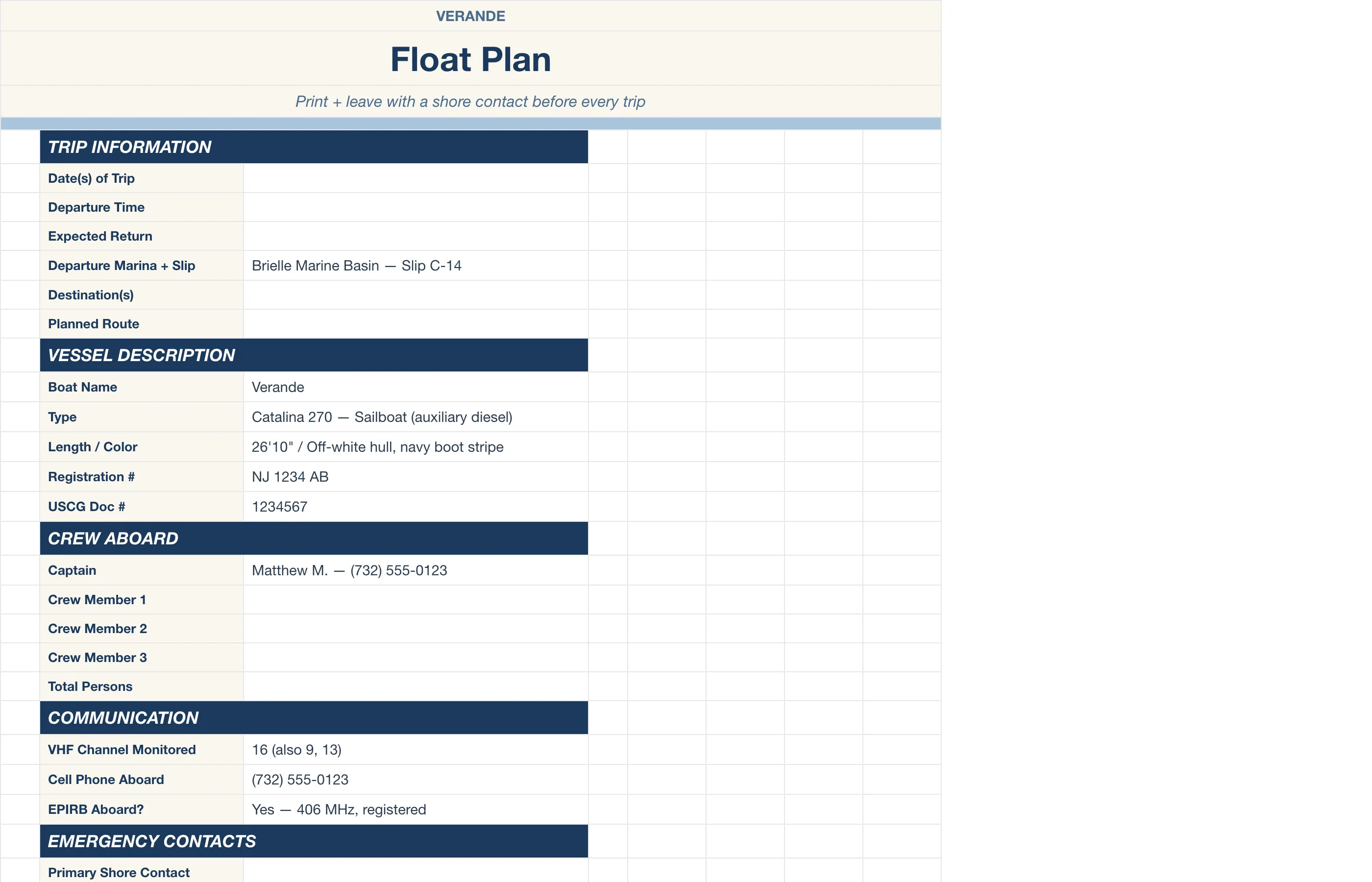 Boat Sailing Log — Float Plan