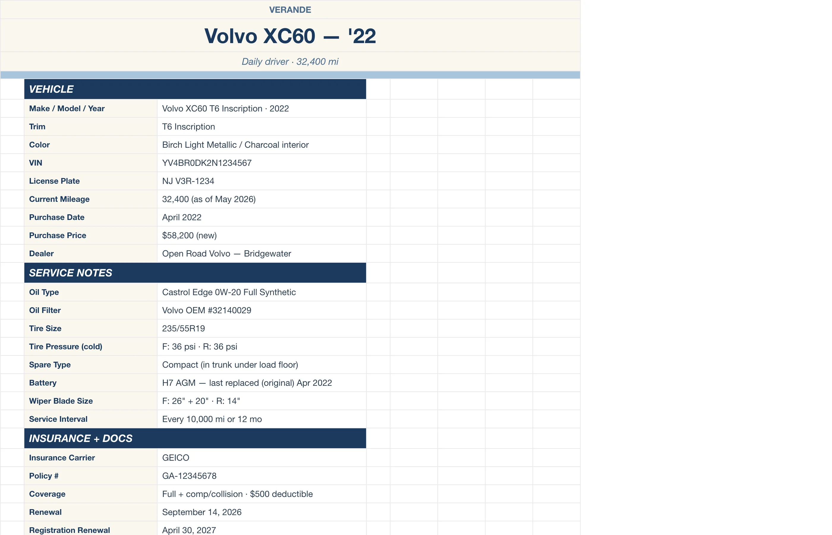 Car Maintenance Log — Volvo Xc60