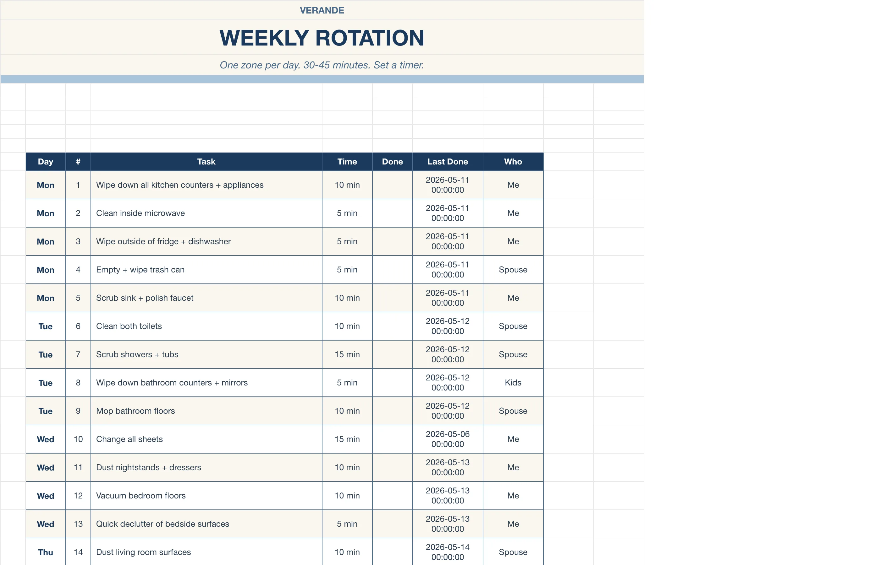 Cleaning Schedule — Weekly Rotation