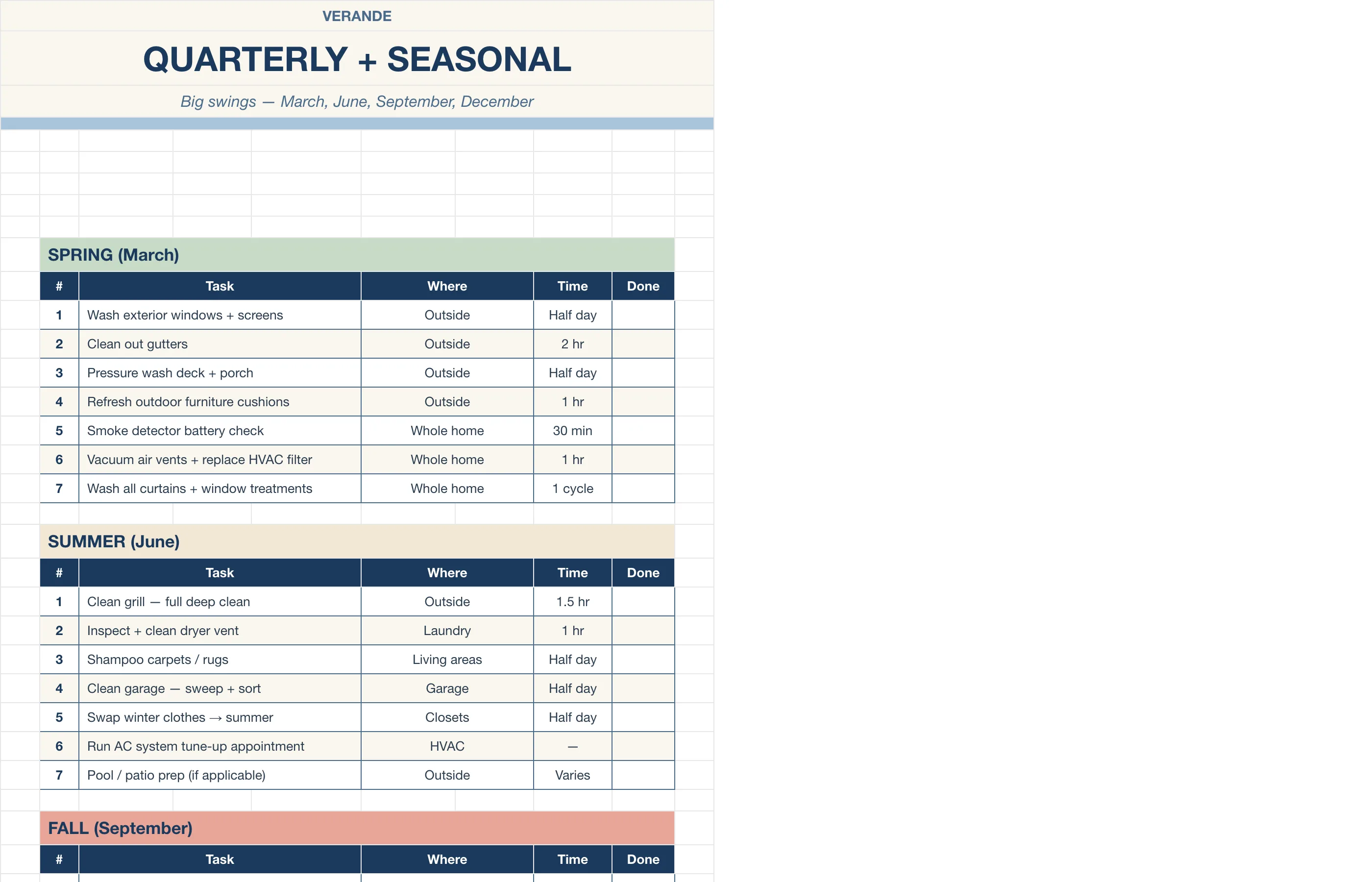 Cleaning Schedule — Quarterly & Seasonal
