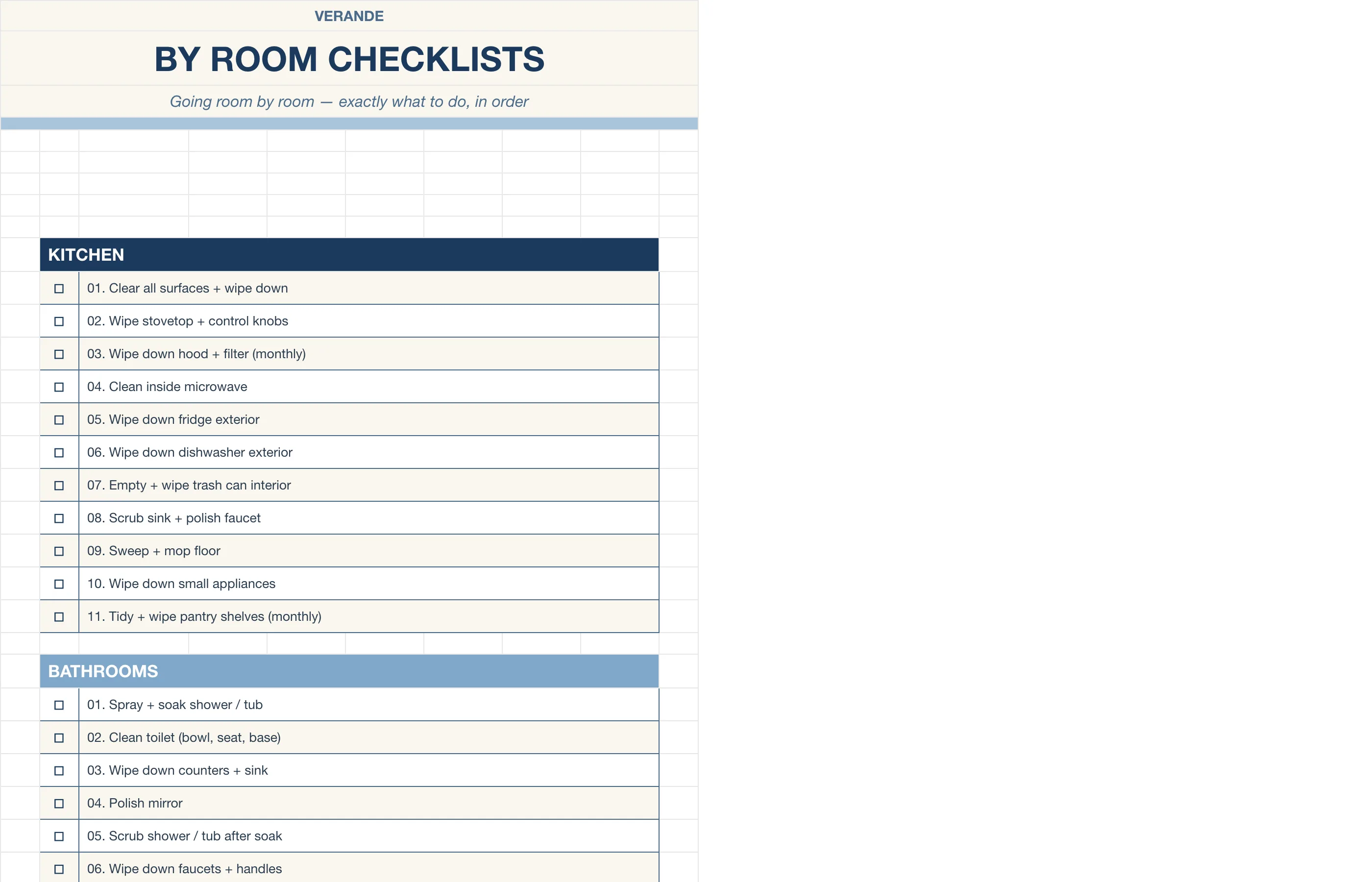 Cleaning Schedule — By Room Checklists