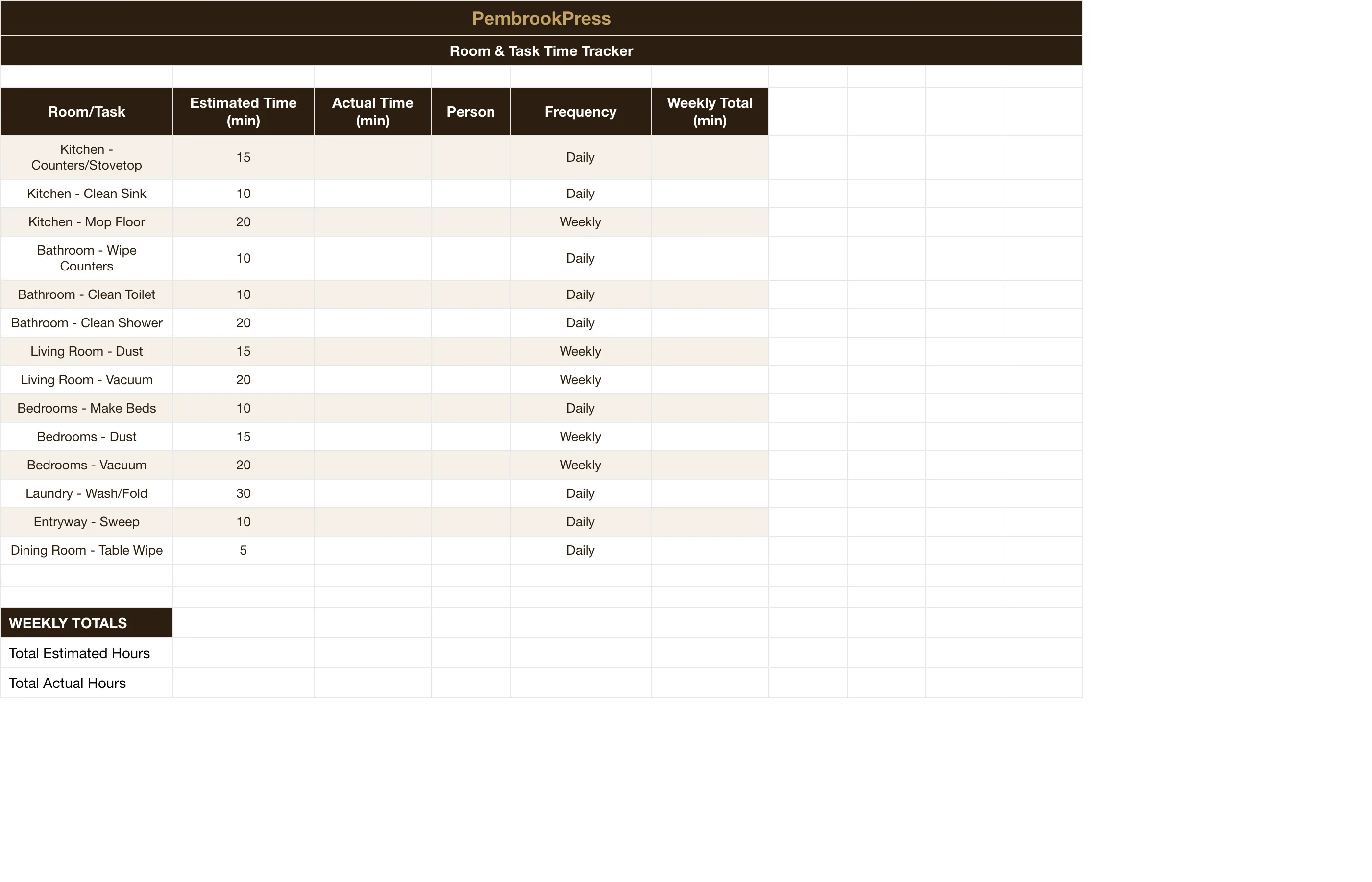 Home Cleaning Schedule Chore Chart — Cleaning Time Tracker