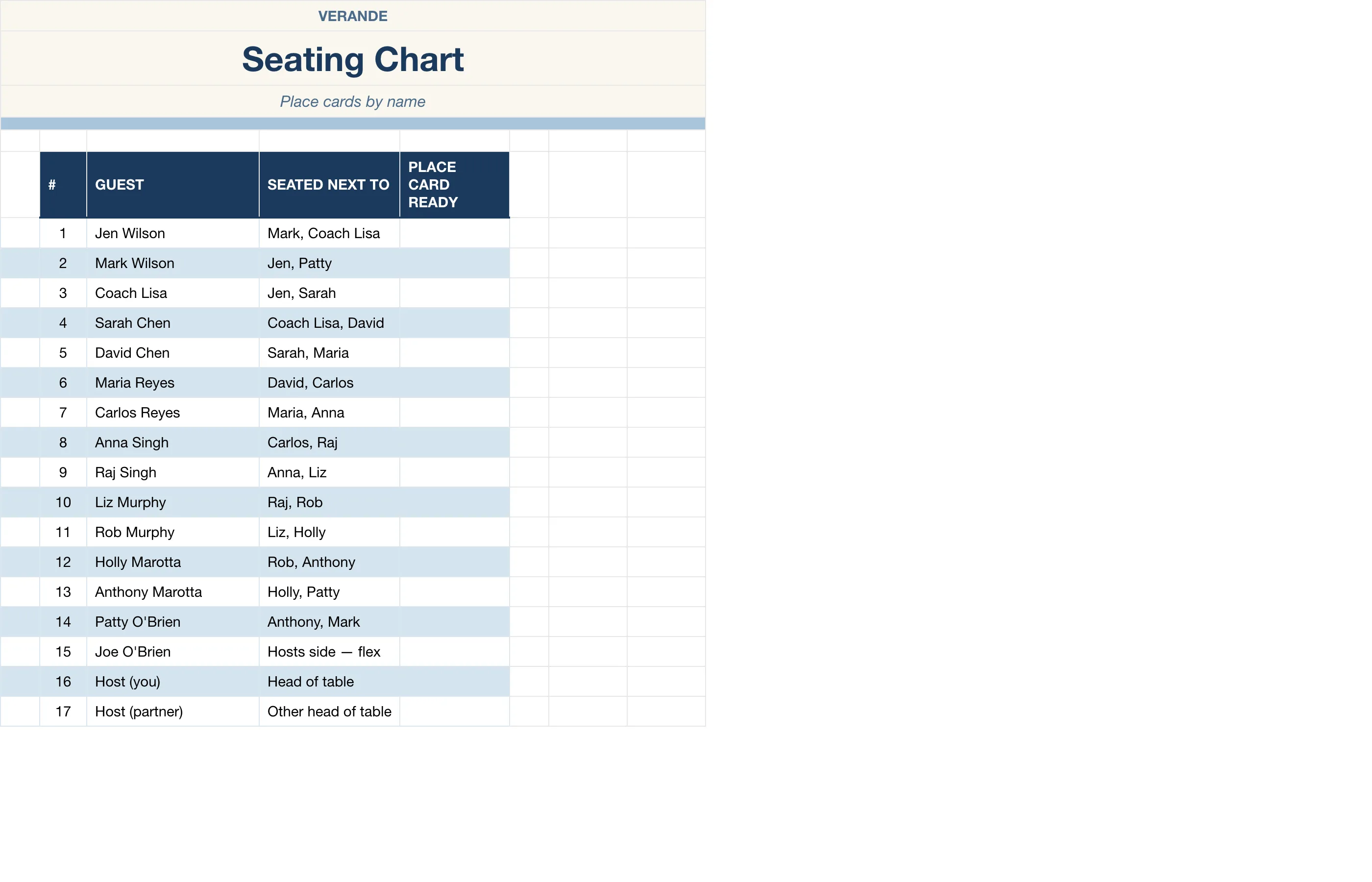 Hostess Dinner Party Planner — Seating Chart