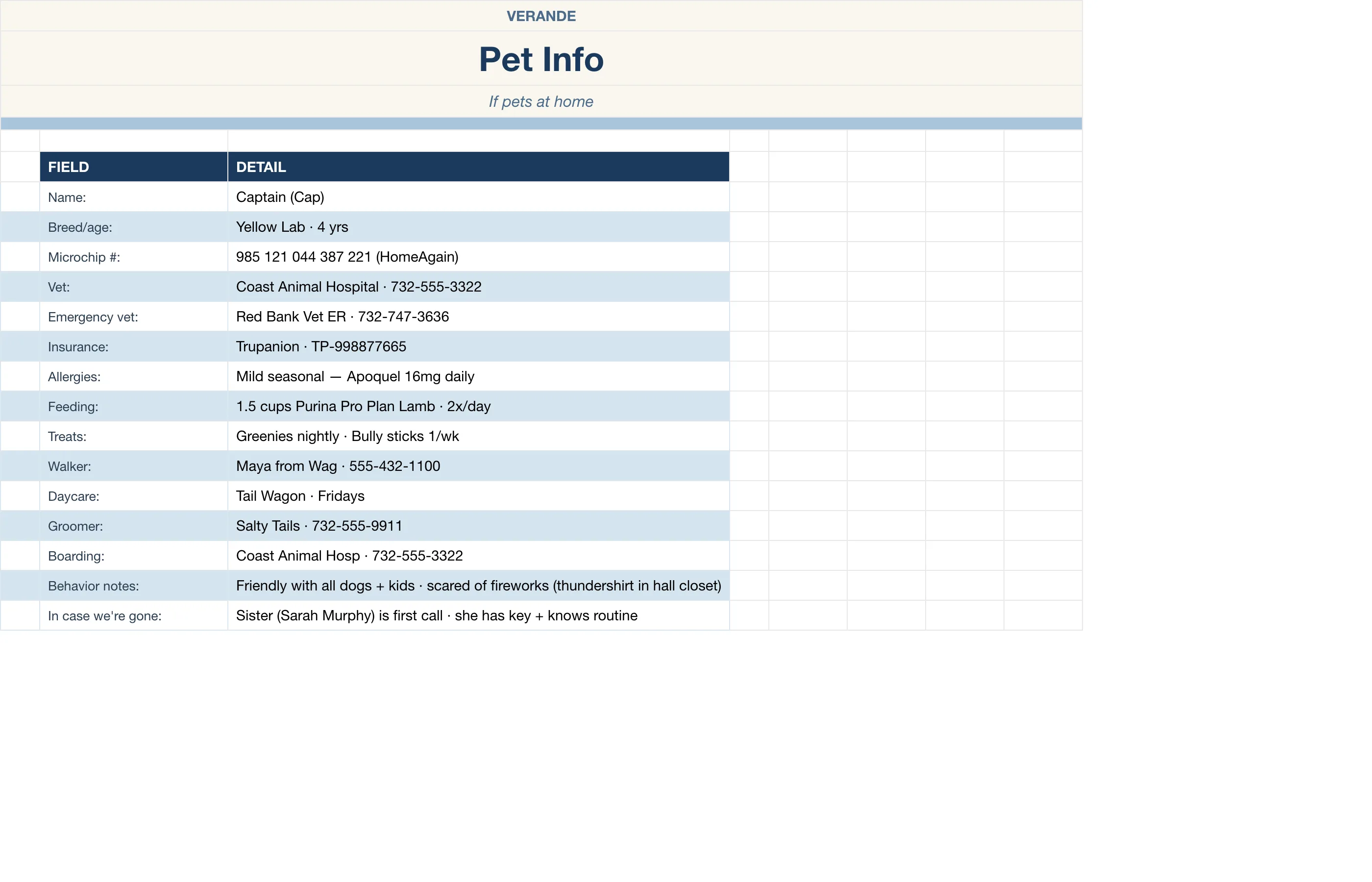 In Case Of Binder — Pet Info