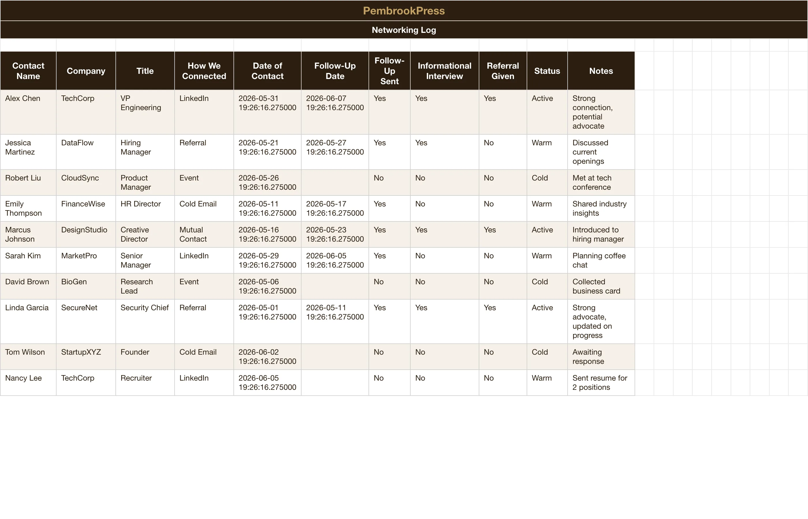 Job Search Application Tracker — Networking Log