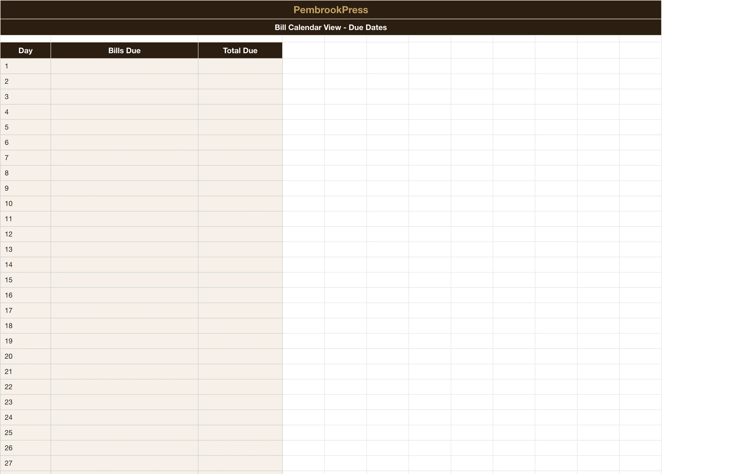 Monthly Bill Organizer Payment Tracker — Bill Calendar View