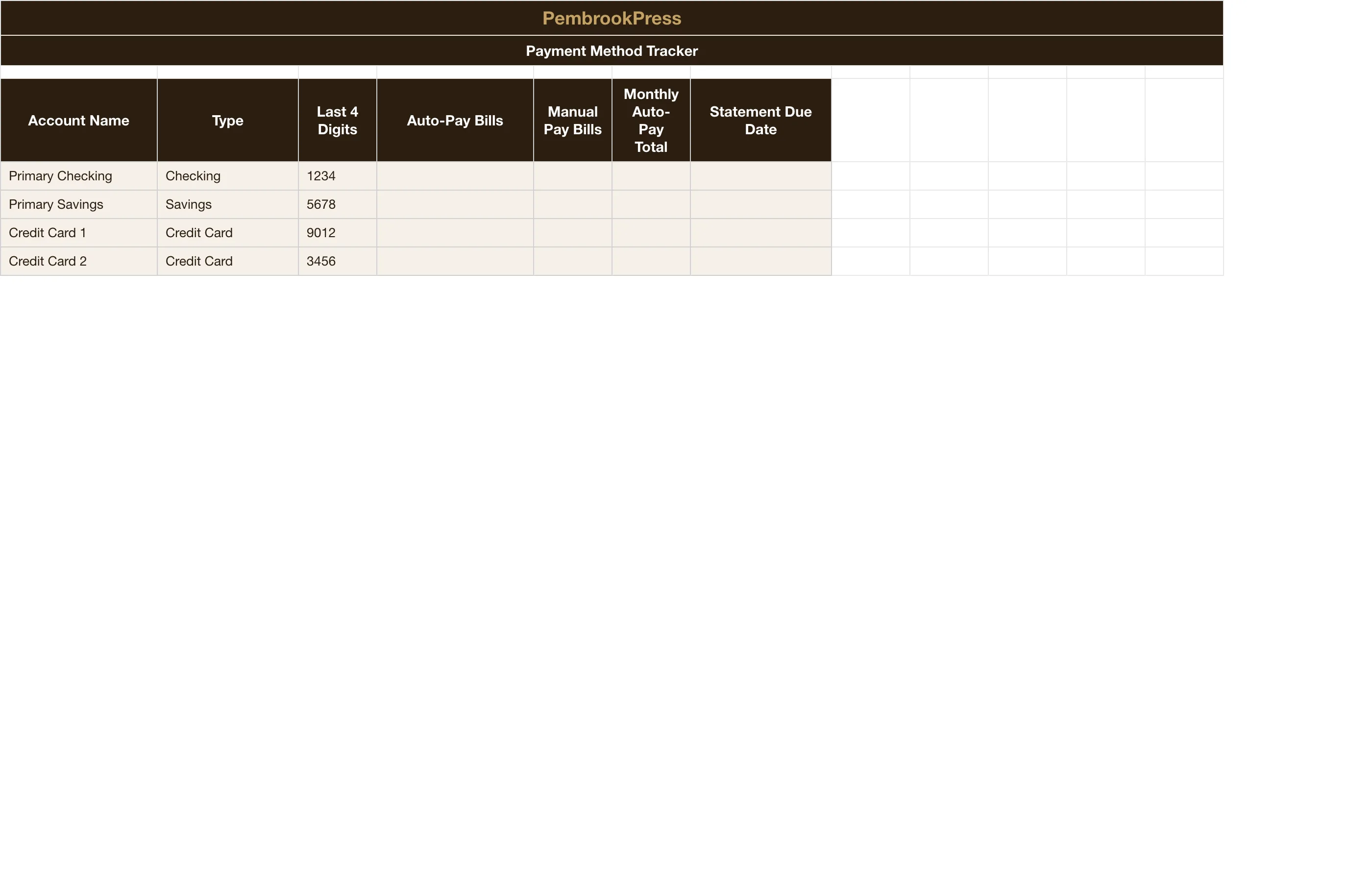 Monthly Bill Organizer Payment Tracker — Payment Method Tracker