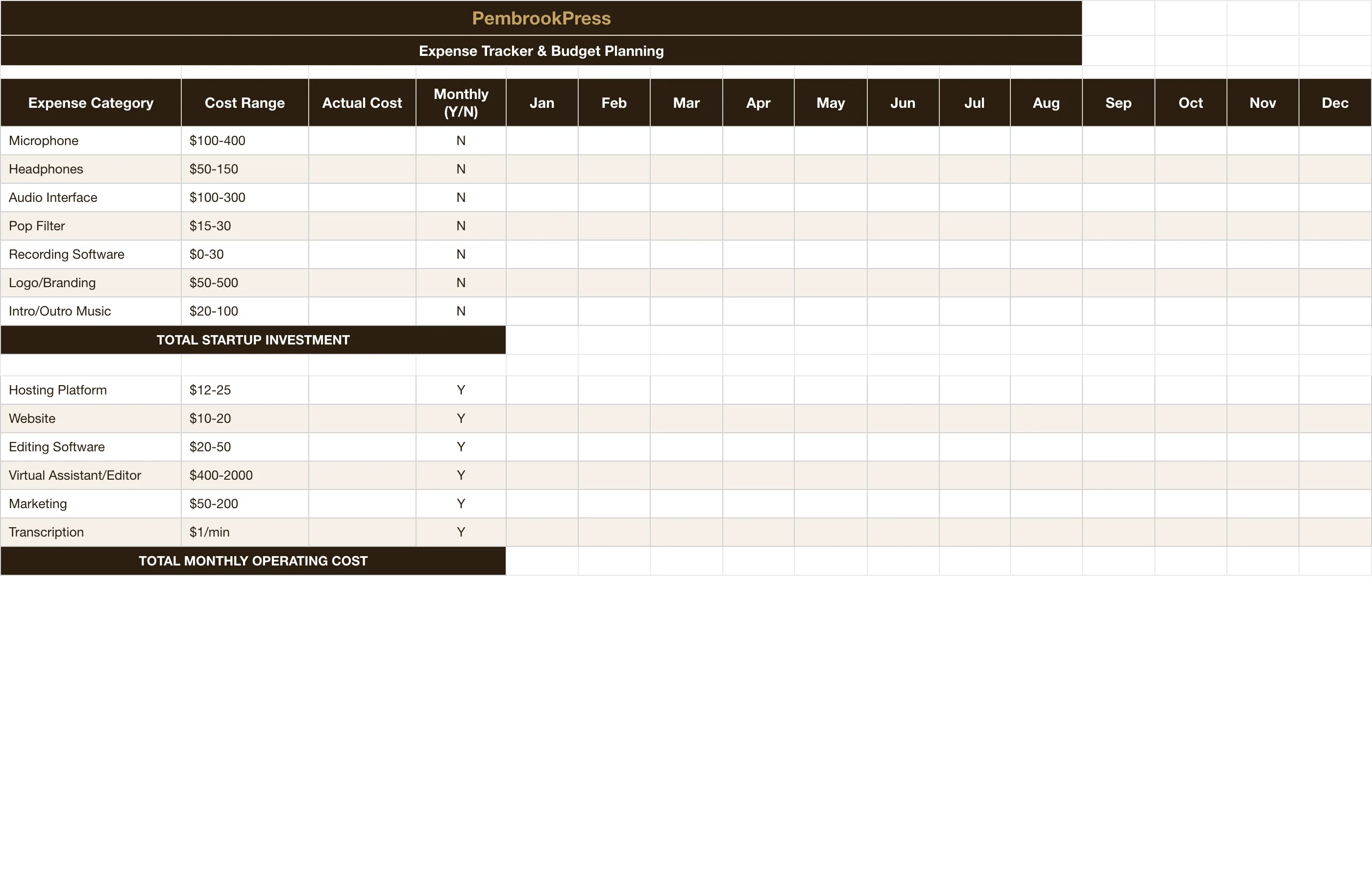 Podcast Launch Revenue Toolkit — Expense Tracker
