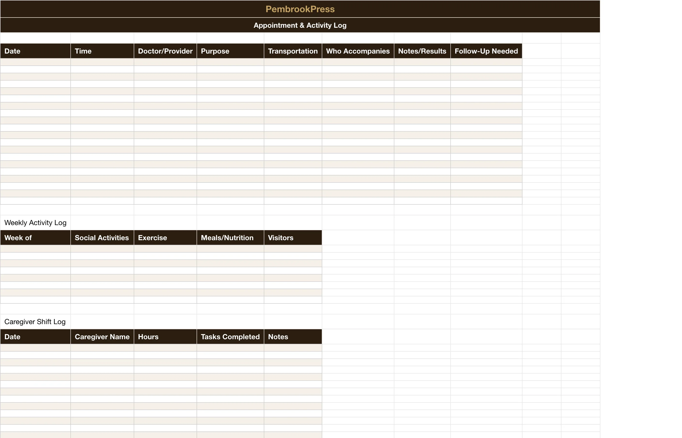 Senior Care Aging Parent Planner — Appointment & Activity Log