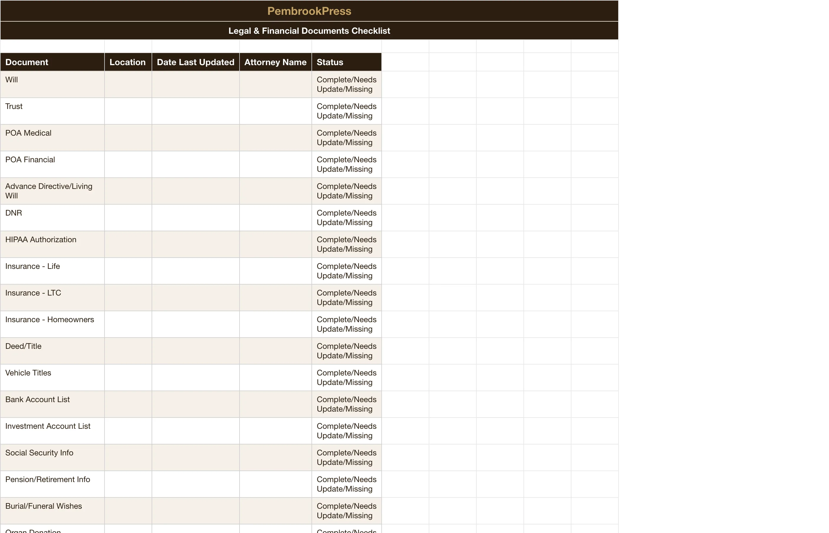 Senior Care Aging Parent Planner — Legal & Financial Documents