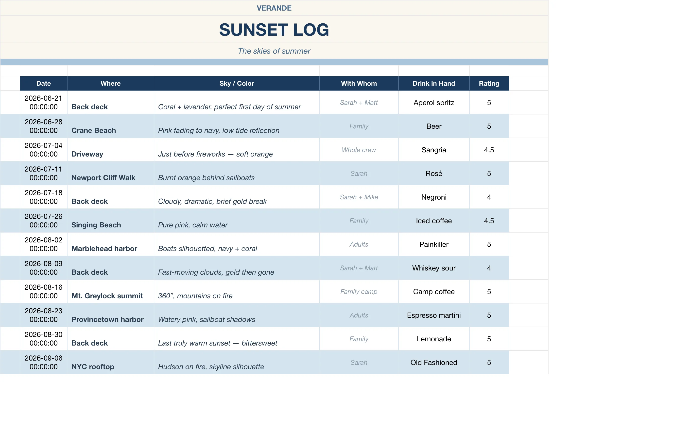 Summer Bucket List Memory Book — Sunset Log