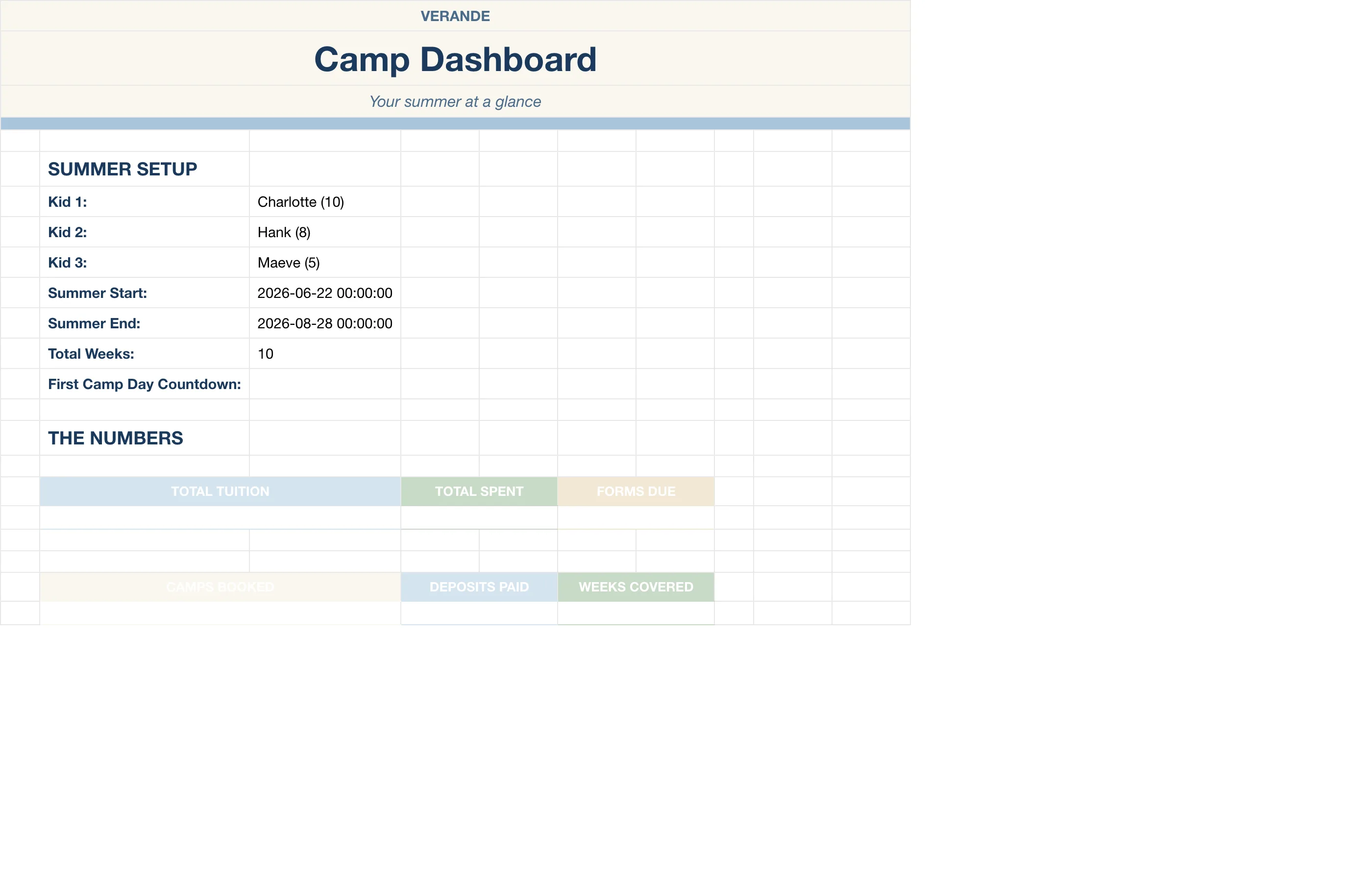 Summer Camp Planner — Camp Dashboard
