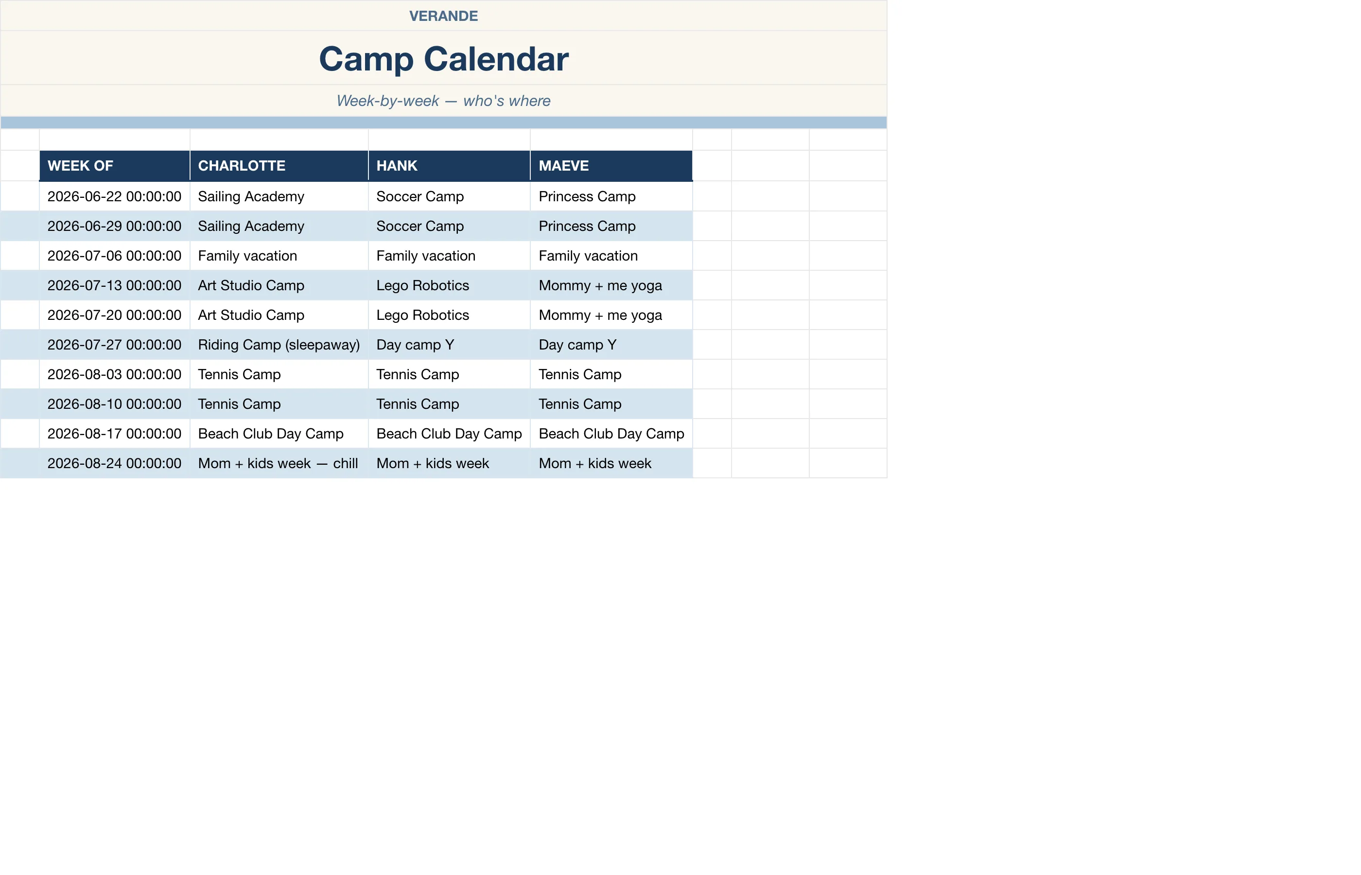 Summer Camp Planner — Camp Calendar