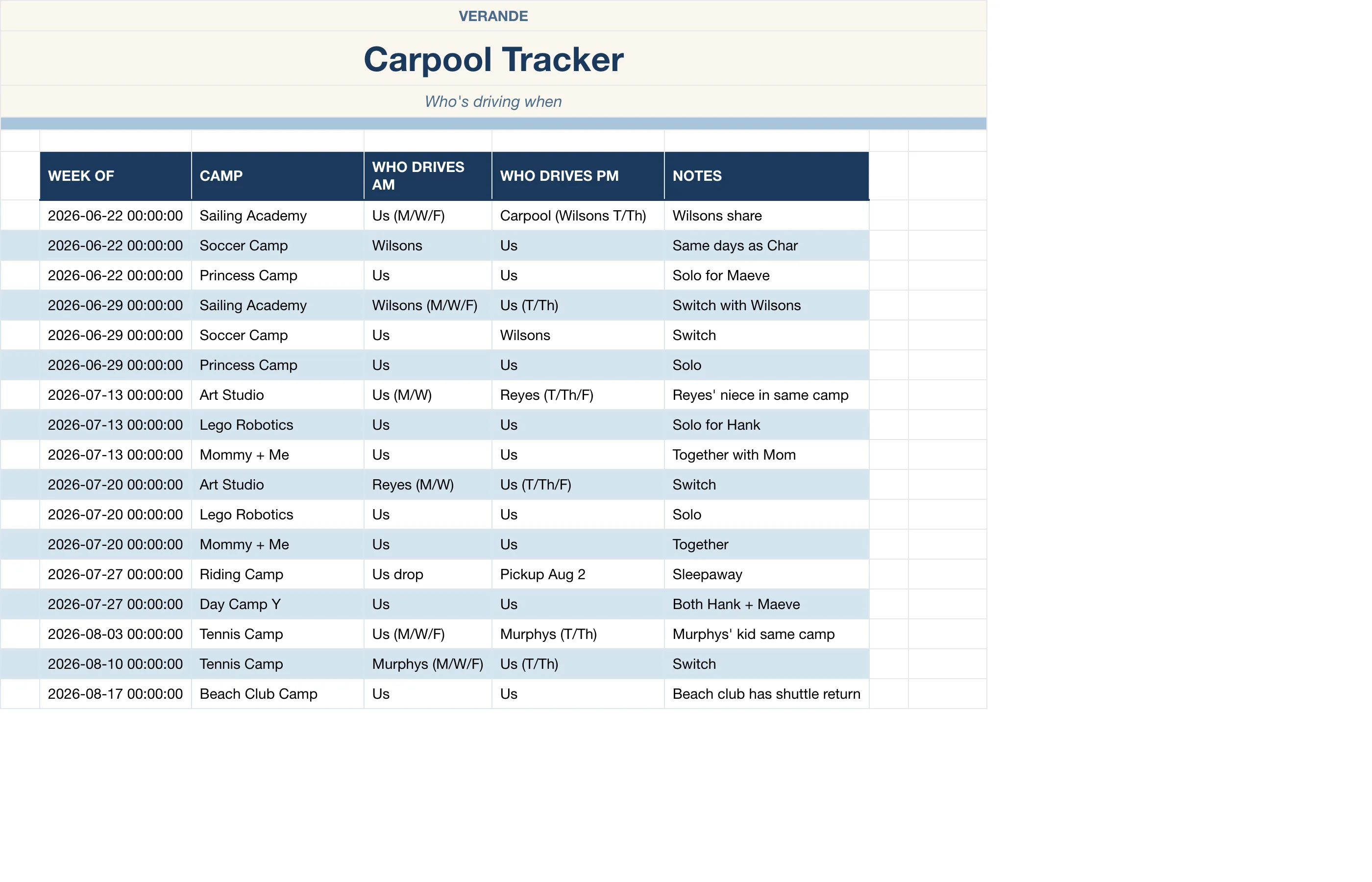 Summer Camp Planner — Carpool Tracker