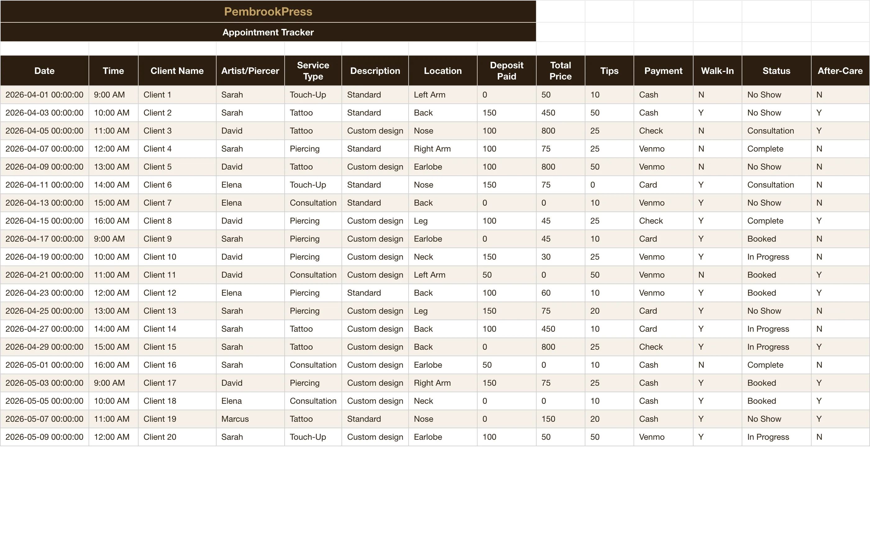 Tattoo Piercing Studio — Appointment Tracker